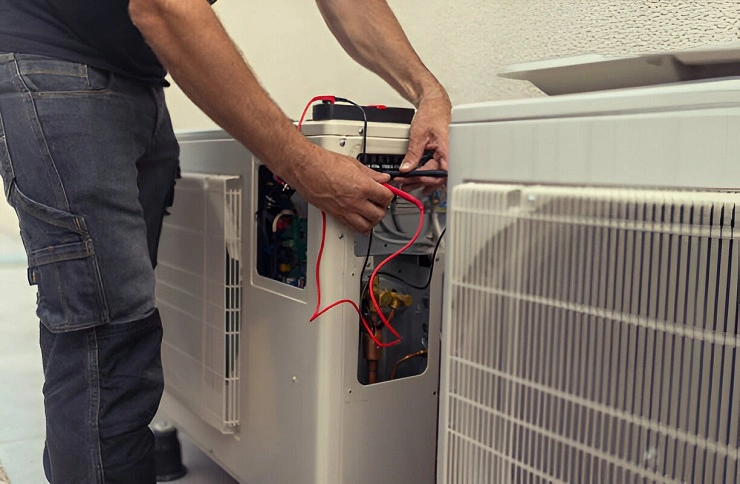Home 12 Expert performing quick AC fix on residential cooling unit